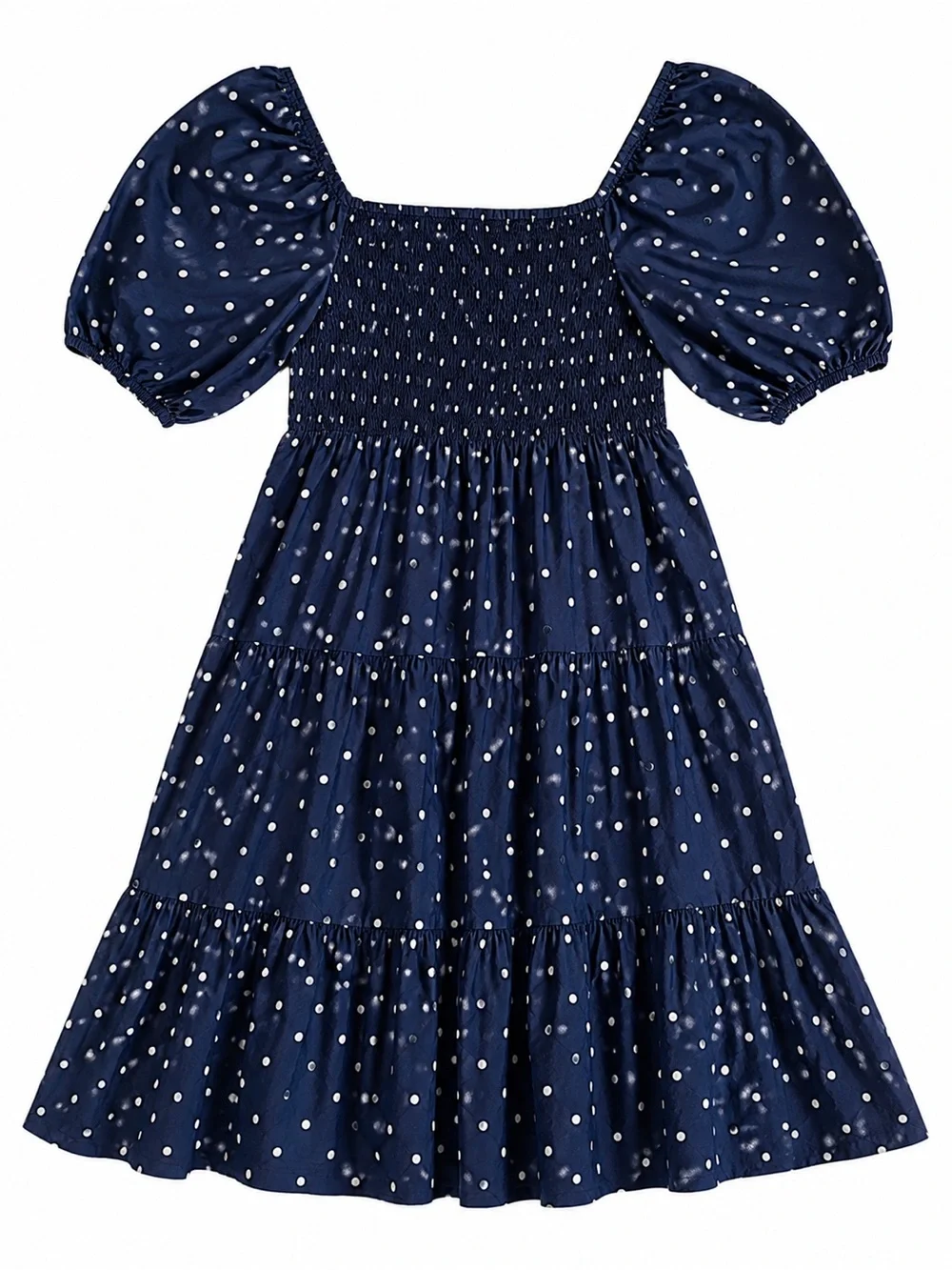 Handmade 100% Pre Washed Cotton Girls Navy Blue Polka Dot Dress 12/13